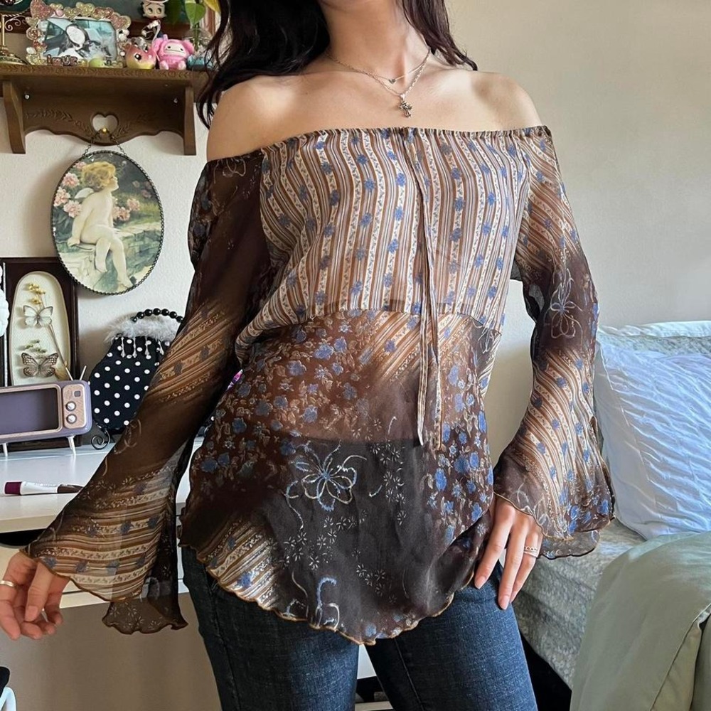 Impressions Sheer Brown and Blue Floral Flowy Top Size medium